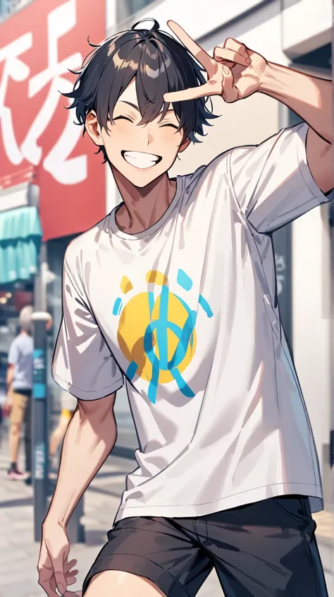 Man smiling peace sign t-shirt and shorts short hair