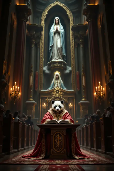 A panda in a cathedral holding a bible and a crucifix in his hands, He gives mass to his faithful, devant une statue de la vierge marie Résolution Haute, Accurate,  Artwork,  high quality, Fine details,  Very detailed, 