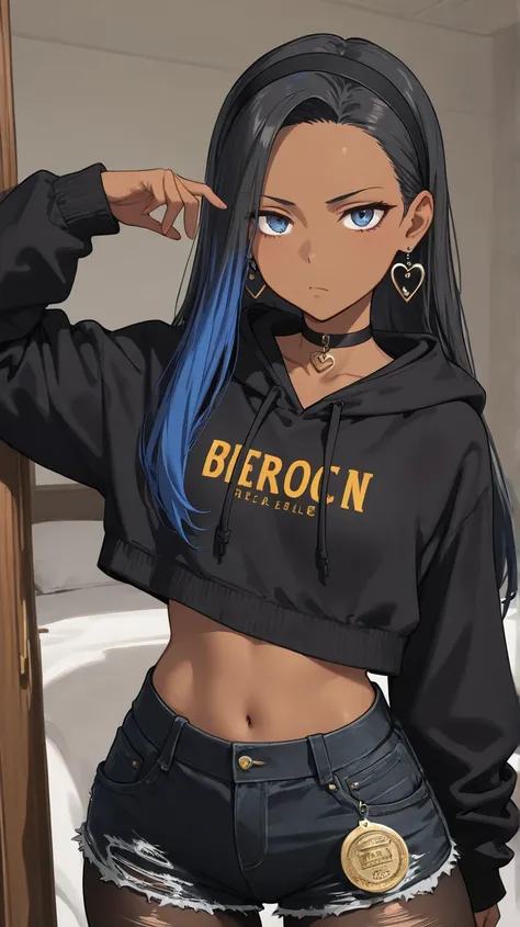 1Girl, Mature, Ebony, African American, Dark Skin, Long Straight hair, Jet Black Hair With Sky-Blue Highlights, Blue Eyes, Medium Chest, Black Crop-Top, Black Cropped High-Cut Hoodie, Black Ripped Pantyhose, Black Tight Cut-Off Jean Shorts, Black Choker, H...