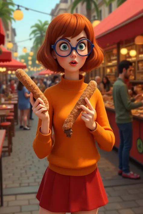 
velma dinkley,  the intelligent and curious member of the group of  *Scooby-Doo*, is in a relaxed and slightly clumsy pose ,  holding a Spanish churros .  She's wearing her orange sweater ,  red skirt and knee-high socks ,  with your typical round glasses...