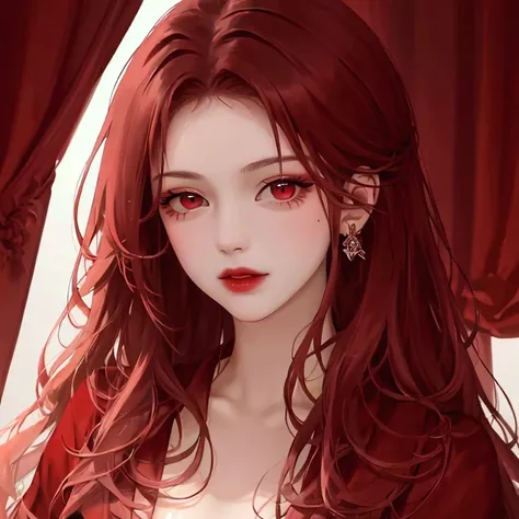 girl, dark red messy hair, red lips, soft vibe