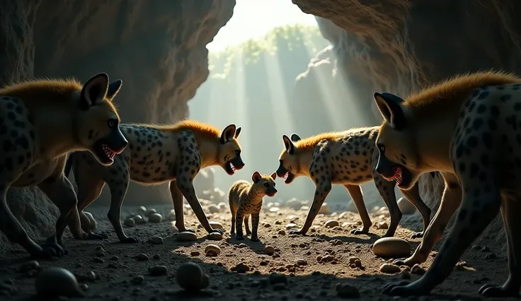 The hyena army entered the cave where the frightened leopard cub was.