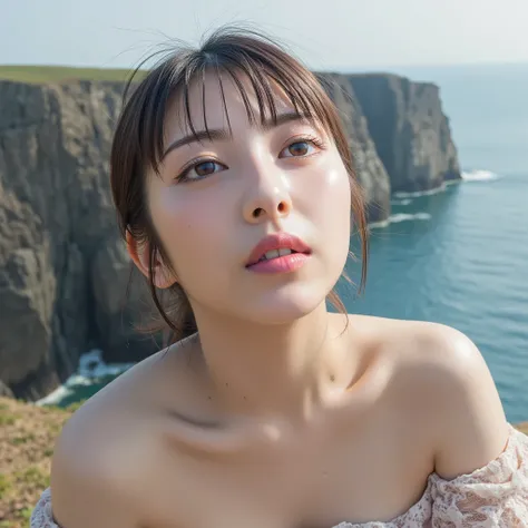  high resolution,  simple background,  character profile on the sea cliff ,  Face Up 、20 year old Asian female