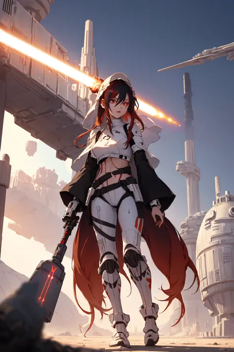 ((full body)), 1girl, walking in a desert, (holding a Jedi saber:1.3), ((black hair)), (red hair), (gradient hair:1.5), (big hair:1.2), long hair, flaps hair, wind in hair, red eyes, crystal eyes, detailed eyes, (glowing eyes:1.2) red lips, plenty lips, se...