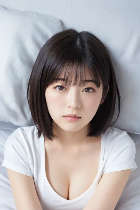  Masterpiece,  top quality,  one woman, ( t-shirt、sleeping face:1.2), 20 years old、(RAW 写真 top quality), (reality, reality的:1.4),  sexy、iris、 very detailed eyes and face,  A Beautiful, Detailed Nose , beautiful eyes,  perfect anatomy 、 short hair、 cleavage...