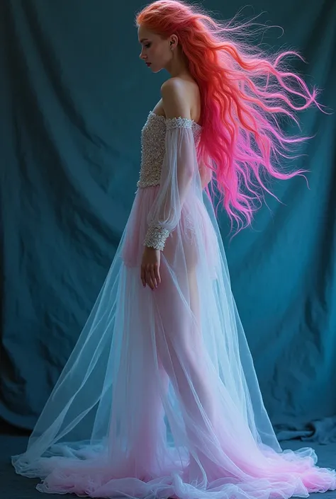 A full-length, fractal portrait of a model with vibrant, multicolored hair, and fair skin, attired in transparent gossamer satin.  Bioluminescent, glowing colors, low contrast, ethereal quality, gentle color contrasts, mystical feel.