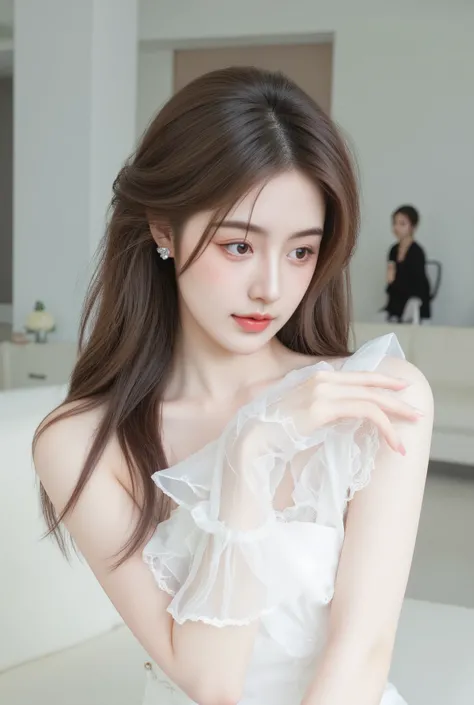 /imagine prompt: A stunning young woman posing elegantly in a modern, minimalistic room. She wears a luxurious white gown with delicate sheer ruffled gloves, her arms gently resting near her face in a graceful pose. Her long, wavy brown hair is styled in a...
