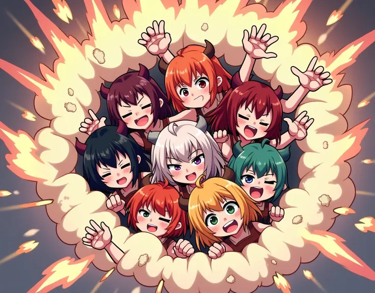 An anime-style illustration depicting many devil-girls playfully wrestling with each other inside a fire comical fight cloud.
each devil-girl has different colored hair.
their faces,hands,and feet are visible emerging from the cloud as they tussle humorous...