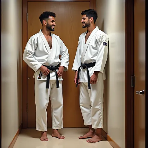 Deux judokas de vingt ans dans le vestiaire du club de judo.
Ils enfilent leurs vestes de judogi blanc.
Un judoka brun et légèrement musclé en pantalon de judo blanc, torse nu et pieds nus.
Un judoka aux cheveux noirs et légèrement barbu, en pantalon de ju...