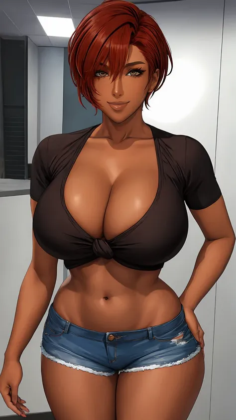 1girl in, Solo, short sleeve knotted top, (Brown skin), red short hair, Colossal , Emphasizes cleavage, A slight smile, standing, shorts