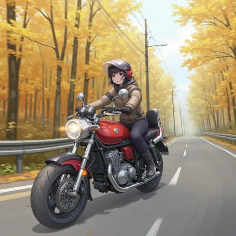 50cc motorcycle driving on country roads、18-year-old girl、jet helmet、November's cold north wind 、 thick gloves and leather jacket with leather pants、鮮やかな赤と黄色のautumn leaves、autumn leaves、Ride a motorcycle on a mountain national highway