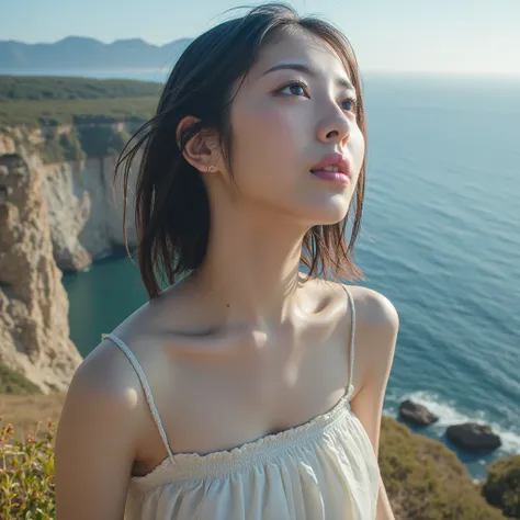  high resolution,  simple background,  character profile on the sea cliff ,  Face Up 、20 year old Asian female