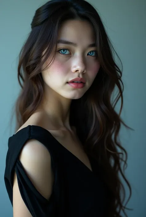 A beautiful girl in long straight and wavy mix hair and blue lens in her eyes and standing with black dress