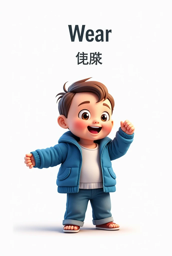 wear (chuān )  - Wear
Image :  A baby is wearing a jacket.

Detail:

A baby is raising his hand to put on a shirt ,  happy face .

 Above with the inscription  "wear" in Chinese.

Color:  blue jacket , white background.