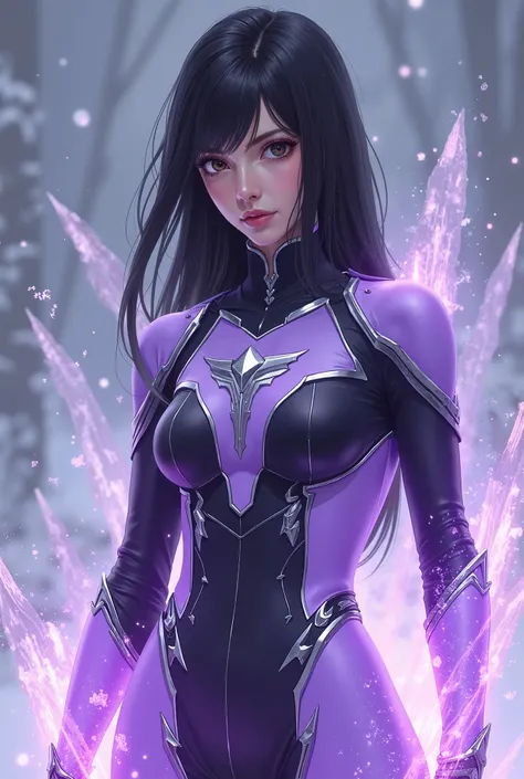 "An ice-powered 25-year-old Japanese female superhero in a lilac and black ninja style suit with glowing periwinkle inclusions and silver metal details, with a silver saber-tooth symbol on chest, creating lilac colored ice. Surrounded by holographic lilac ...