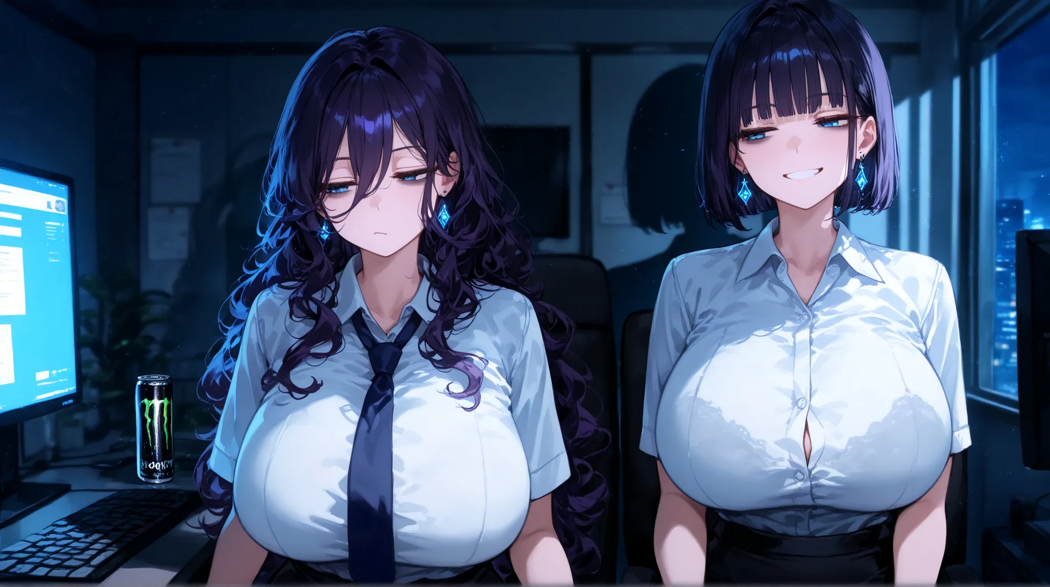 (best quality), 2girls, office lady ,upper body, looking away,curvy, huge breasts, black hair, bob cut, blunt bangs , half closed eyes, blue eyes , grin , clear face ,black short skirt, white short sleeve dress shirt, (cleavage:0.7) ,(black bra:0.8), close...