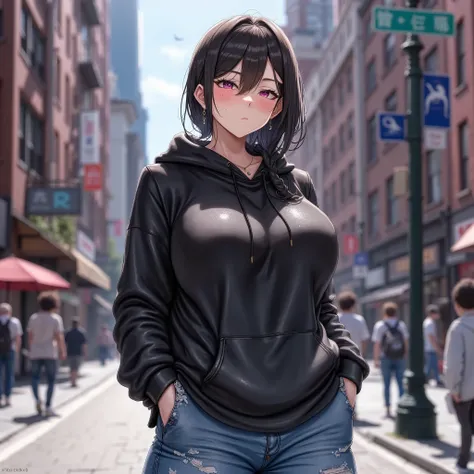 A stunning woman standing with confidence on the bustling city sidewalk. She is adorned with a captivating array of black freckles scattered across her visage, which draws attention to her small perky nose and delicately formed small mouth. Her purple eyes...