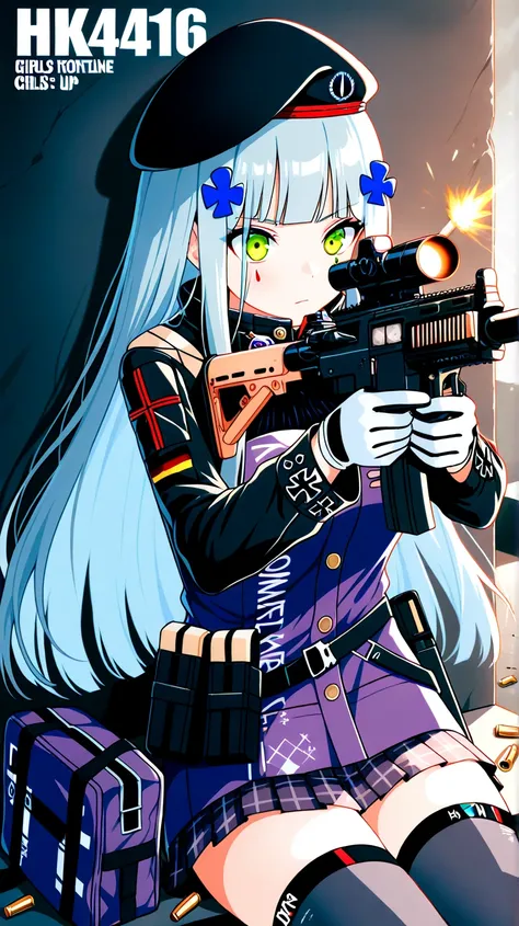 1girl, aiming, assault_rifle, bag, bangs, beret, bullet, bullpup, casing_ejection, character_name, finger_on_trigger, firing, gloves, gun, h&k_hk416, hat, heckler_&_koch, hk416_\(girls'_frontline\), holding, holding_gun, holding_weapon, jacket, kalashnikov...