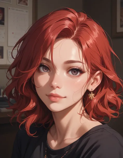 solo focus,  1girl , (masterpiece, high quality:1), portrait of a beautiful red-haired girl.  bright red hair, black clothes, checker , dark eye color. 