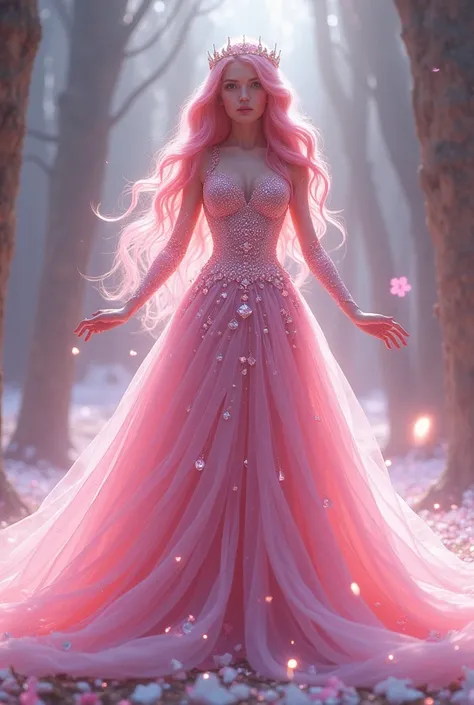 a magical princess with crystal powers wearing a pink gown adorned with crystals and has long pink wavy hair down to her hips in high resolution 4k 