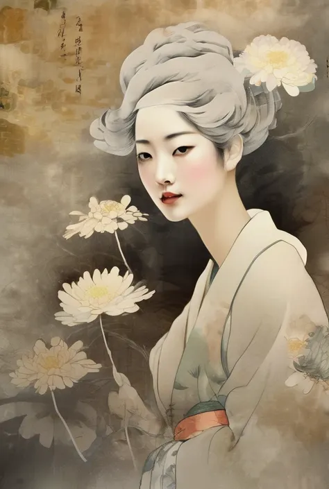 Ink Painting、Old paper texture、Damaged Paper、Old style、Faded color、Courtesan of Edo、Facing forward、Close-up of face、Thick Fog、composition、Golden Ratio、Functional、grace、detail、background、Soft colors、Blurred Lines、Holding chrysanthemum flowers close to my fa...