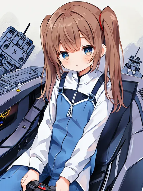  cute girl、delicate、 flat chest、Piloting the robot from its cockpit、 twin tails、Brave face、 oblique angle、She is dressed in casual clothes、 top quality,  high resolution,  anatomically correct,  detailed texture、 detailed background、Urban Warfare