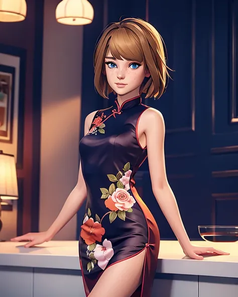 young max caulfield elegant in a long cheongsam BREAK (shiny satin cheongsam, turtleneck dress, straight fabric, floral pattern cheongsam, sleeveless) BREAK (slim body) BREAK (ochre hair, straight hair) BREAK looking at viewer (beautiful eyes, freckles) BR...