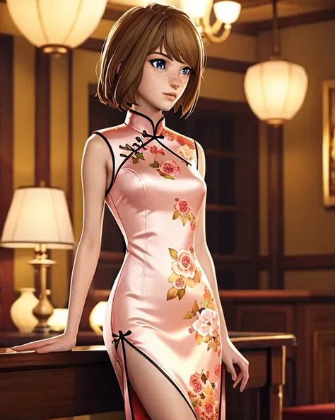 young max caulfield elegant in a long cheongsam BREAK (shiny satin cheongsam, turtleneck dress, straight fabric, floral pattern cheongsam, sleeveless) BREAK (slim body) BREAK (ochre hair, straight hair) BREAK looking at viewer (beautiful eyes, freckles) BR...