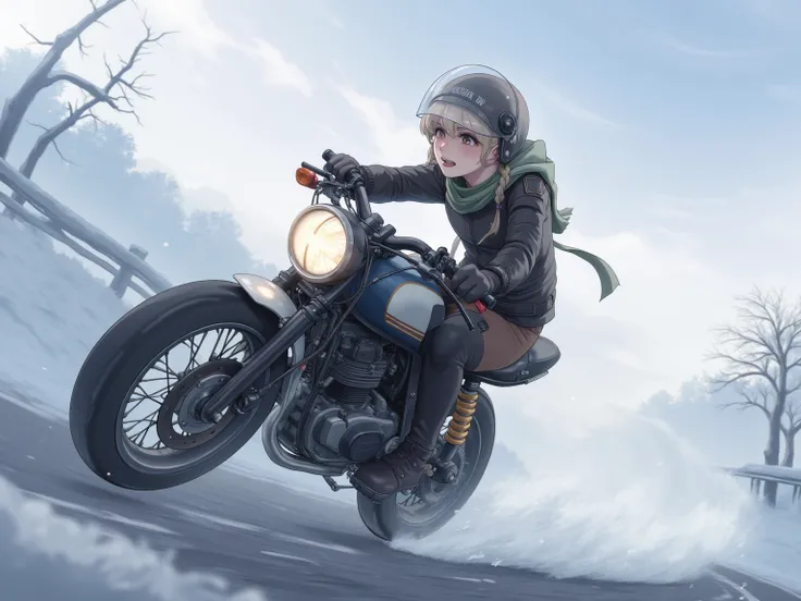 anime, 50cc motorcycle driving on country roads、18-year-old girl、jet helmet、 windproof with a scarf on the inside of a leather jacket、 leather pants and knee protector 、 National Highway where December snow flickers 、Snow remains on the shoulder of the roa...