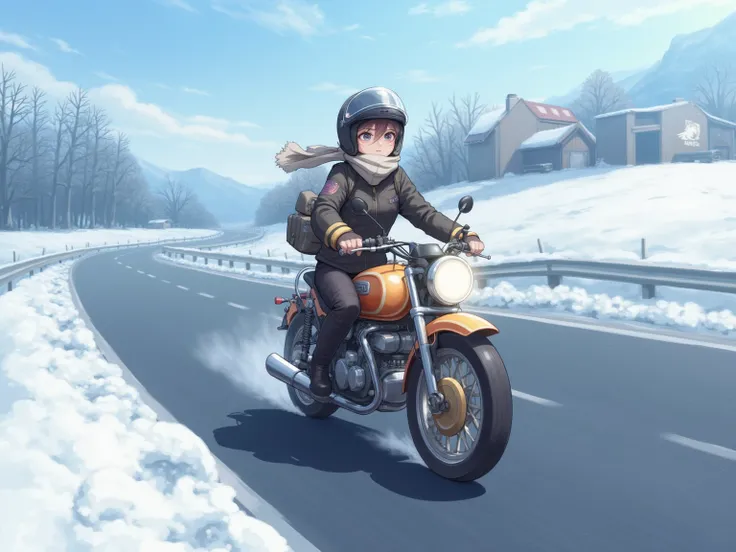 anime, 50cc motorcycle driving on country roads、18-year-old girl、jet helmet、 windproof with a scarf on the inside of a leather jacket、 leather pants and knee protector 、 National Highway where December snow flickers 、Snow remains on the shoulder of the roa...