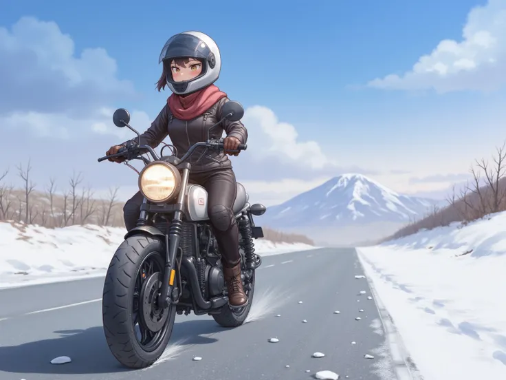 anime, 50cc motorcycle driving on country roads、18-year-old girl、jet helmet、 windproof with a scarf on the inside of a leather jacket、 leather pants and knee protector 、 National Highway where December snow flickers 、Snow remains on the shoulder of the roa...