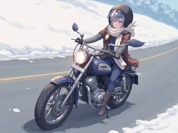 anime, 50cc motorcycle driving on country roads、18-year-old girl、jet helmet、 windproof with a scarf on the inside of a leather jacket、 leather pants and knee protector 、 National Highway where December snow flickers 、Snow remains on the shoulder of the roa...