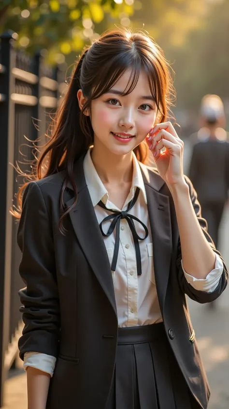 A radiant young woman in an elegant school uniform stands near the school gate, waiting for someone on her first date. As she notices the person arriving, she turns her gaze toward them, her expression shifting between surprise, happiness, and slight shyne...