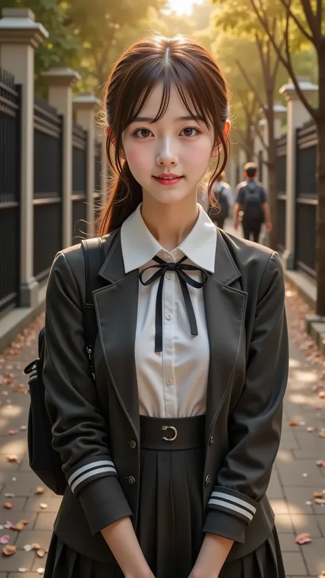 A radiant young woman in an elegant school uniform stands near the school gate, waiting for someone on her first date. As she notices the person arriving, she turns her gaze toward them, her expression shifting between surprise, happiness, and slight shyne...