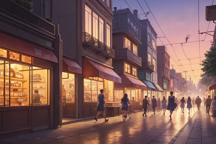 A bustling city street while sunset shine in the background.