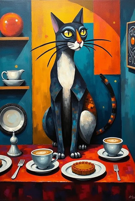 Creer une peinture de chat style Picasso sur une table et de la vaisselle.