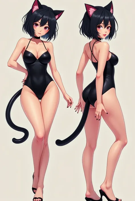 Create an animé girl ,  short black hair,  white skin ,  and sexy kitten costume in black,  with round ass and medium breasts , posing sexy in four  