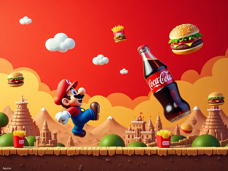 A vibrant Super Mario-inspired game world with a bold red background. A plastic Coca-Cola bottle replaces Mario, bouncing and rolling across pixelated platforms. Instead of traditional coins or power-ups, full burgers and fries float in the air as collecti...