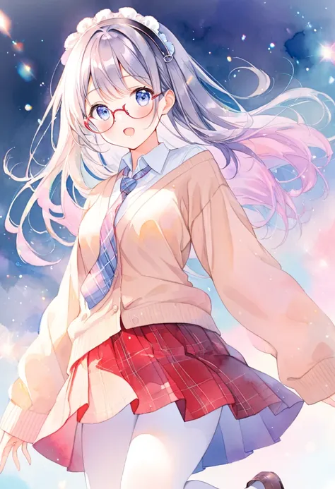 (ultra detailed:0.7), cover image, (soft pastel tones, watercolor, (bright color:1.3), transparent, gradation, harmonious and calm atmosphere:1.1), 1 girl, solo, long hair, looking at viewer, smile, blushful, open mouth, blue eyes, semi-rimless glasses, lo...