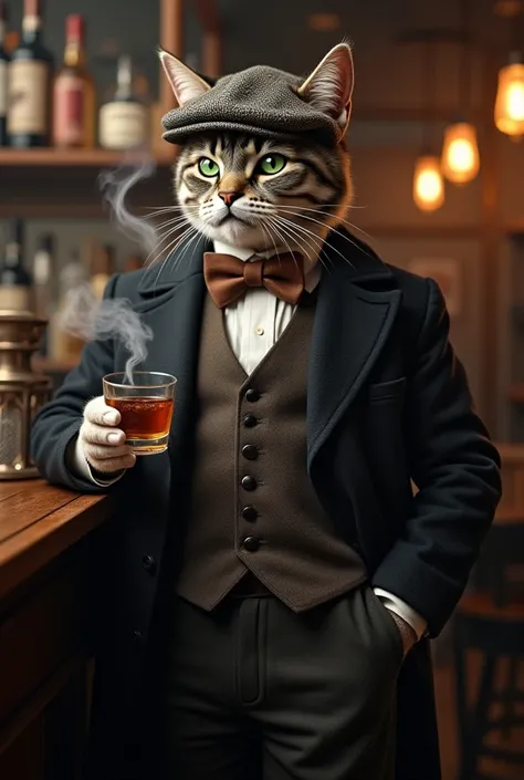  Create an image of a standing cat with a serious expression ,  with green eyes and a well-kept coat of gray and white fur . He is wearing an old-fashioned tweed cap ,  a three-piece suit with a dark coat , a vest and a white shirt,  complemented by a brow...