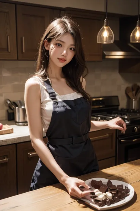 「 makes heart-shaped chocolate by hand for Valentine's Day。 with a serious expression 、Be careful with a serious expression、 a woman standing in the kitchen wearing an apron that has been carefully melted 。 with slightly cheerful cheeks and 、The fun atmosp...