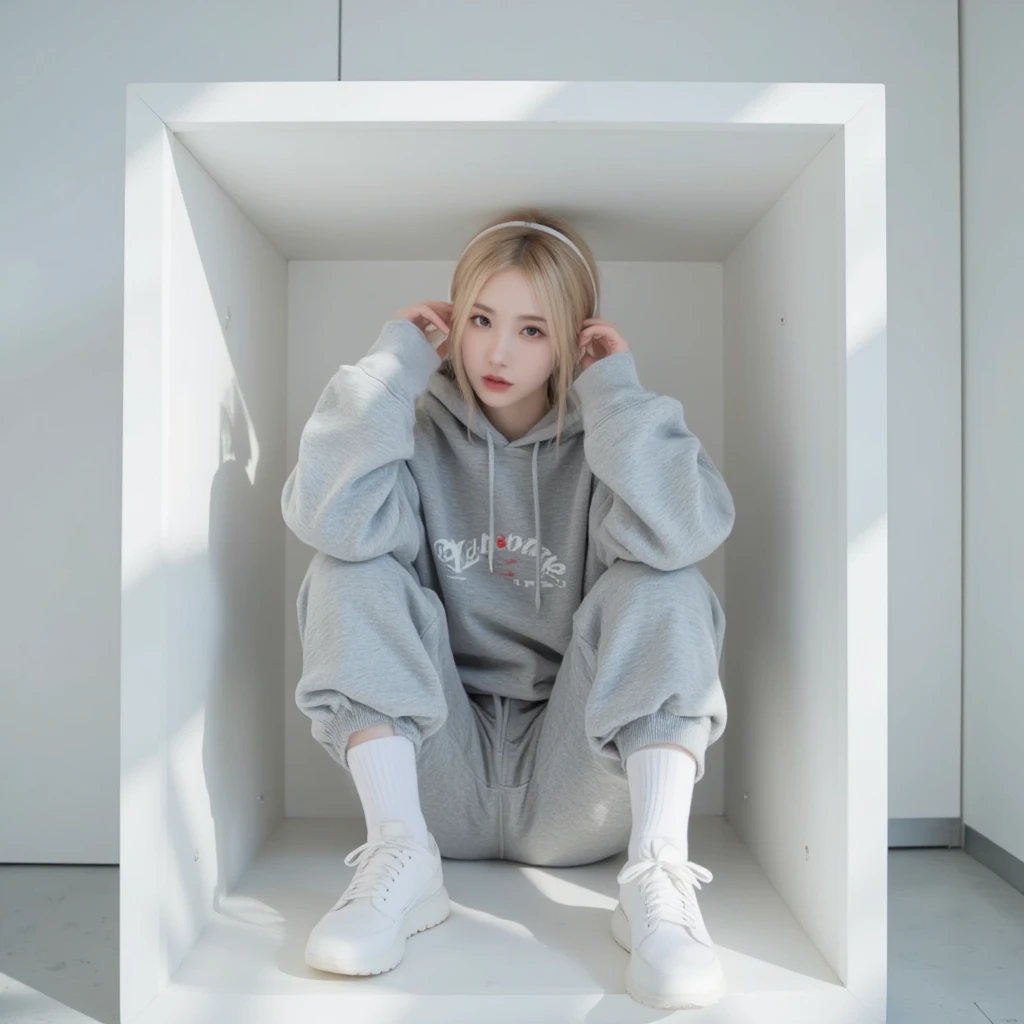 A modern and cute young Japanese woman sitting inside a cube. She has blonde bobbed hair and is wearing an extremely oversized gray hoodie and very baggy pants. On her feet, she has loose white socks and sneakers, along with white headphones. The soft ligh...