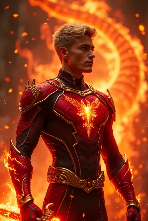 "A red fire-powered 25-year-old pale Caucasian male superhero in a red and black suit with glowing red inclusions and gold metal details, with a gold dragon symbol on chest, creating a large dragon made of red holographic flames. Surrounded by holographic ...