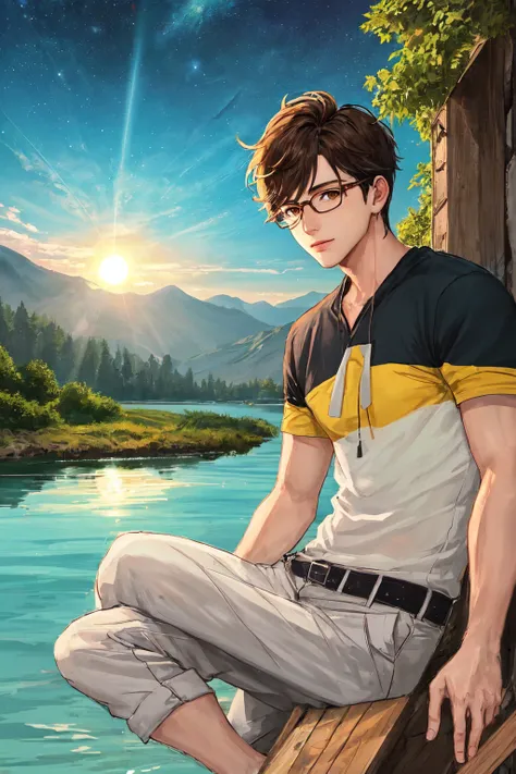 Cute Boy,pretty boy,Smooth jawline,Brown eyes without a pair, short, partially yellow-dyed hair,large green horn-rimmed glasses,beautiful lake, mysterious mountains,Red Sun,Bright Sun ,Multi-colored planets in the sky,star,Live action animation,