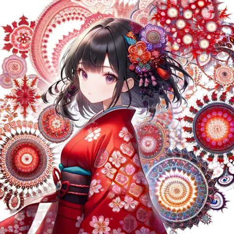 ((( White background、White World)))、s、unity 8k wallpaper、 Super Detail、  beautiful and aesthetic 、 Masterpiece、 top quality、(Tangleの、Mandala、Tangle、Tangle)、( fractal art:1.3)、 one girl、  beautiful black hair 、 Japanese、Big Pink、  red kimono、 Japanese ...