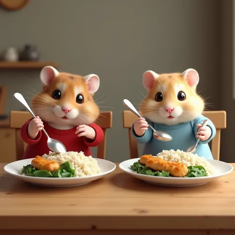 Realistic photo, there are 2 cute baby hamsters sitting each in their chairs and at the dining table. In front of each of them is a plate of rice, fried chicken, and spinach. Both hands of the baby hamsters are holding spoons. The first baby hamster is a b...