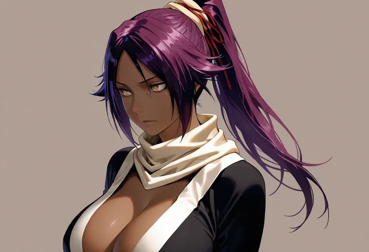  Masterpiece,  top quality,  vibrant,  so aesthetic,  High Contrast , Semi-realistic,Yoruichi Shihouin, 1 girl, solo,  purple hair, ponytail ,  big breasts,  simple background,  golden eyes, 