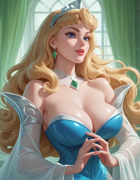 Aurora, big breasts,  blonde hair, perfect eyes and perfect hands sexy pose