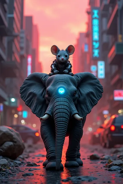   A futuristic metropolis of steel and neon  ,   with holographic skyscrapers and drones crossing the crimson sky at dusk  .   In an alley hidden among technological junk  , **go**,   a bold mouse with a blue cybernetic eye and a miniature backpack made of...