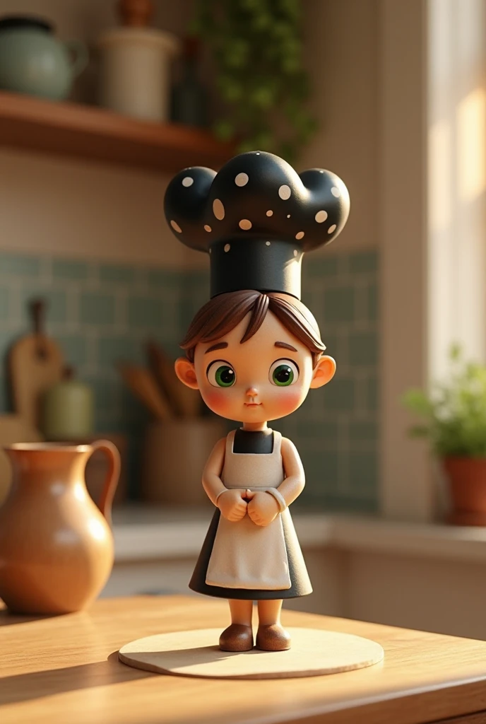 there is a table in the beautifully decorated kitchen. A wooden girl is standing dressed in a black chef's hat with polka dots and an apron in her hands salt, the girl has big green eyes